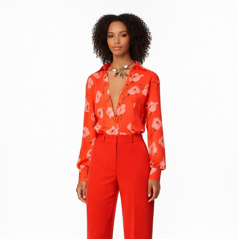 Carolina Herrera Silk Red Poppy Long Sleeve Button Down Top Size 8
